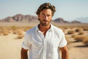 retrato do uma bonito homem em pé dentro a deserto, abraçando solidão e natural beleza. generativo de ai foto