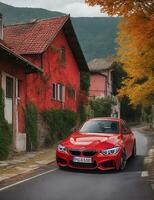 uma lindo BMW carro dentro uma lindo configuração foto