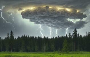 Grosso Preto nuvens brilhou relâmpago dentro a céu foto