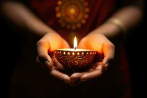 diwali hindu festival do luzes celebração. diya óleo luminária aceso dentro mulher mãos. ai gerado foto