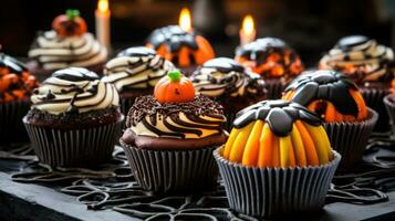 festivo dia das Bruxas bolos de copo e guloseimas decorado com granulados e doce. ai gerado foto