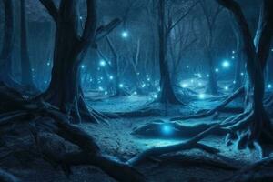mágico floresta às noite. bioluminescente fungos e brilhando flores generativo ai foto