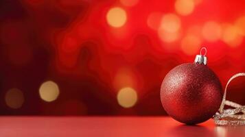 vermelho Natal enfeites decoração em vermelho borrado fundo com luzes. Novo ano cumprimento cartão. mínimo estilo. ai gerado foto