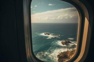 Visão do a de praia e mar a avião janela. viagem e turismo conceito. generativo ai foto