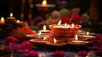 colorida tradicional óleo lâmpadas diya aceso durante diwali celebração. hindu festival do luzes celebração. ai gerado foto