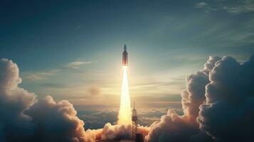 foguete com sucesso lançado para dentro espaço. nave espacial leva fora para dentro a estrelado céu. generativo ai foto