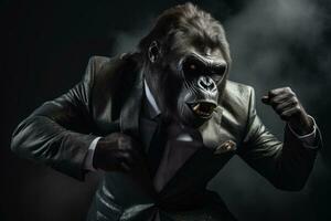 antropomórfico gorila vestido dentro a elegante terno gostar uma homem de negocios. ai gerado foto