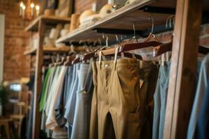 calças em cabides dentro uma roupas loja. calça loja, Novo roupas durante compras. generativo ai foto
