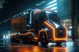 elétrico caminhão dentro uma futurista ambiente. caminhão com néon luzes. generativo ai foto