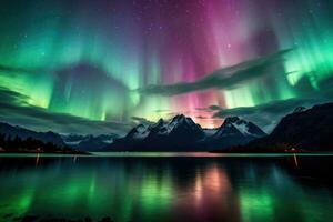 deslumbrante aurora boreal exibição dentro a noite céu. colorida norte claro. generativo ai foto