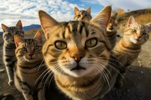 uma grupo do gatos levando uma selfie em uma borrado fundo. generativo ai foto