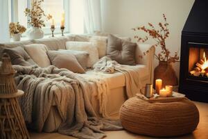 acolhedor vivo quarto com lançar cobertores e almofadas, simples composição. generativo ai foto