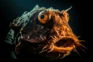 águas profundas peixe às a inferior do a oceano. uma assustador peixe com grande dentes. embaixo da agua mundo. generativo ai foto