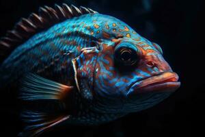 águas profundas peixe às a inferior do a oceano. uma assustador peixe com grande dentes. embaixo da agua mundo. generativo ai foto