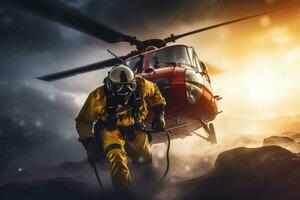 médico primeiro ajuda helicóptero. resgate uma pessoa. generativo ai foto