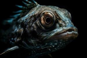 águas profundas peixe às a inferior do a oceano. uma assustador peixe com grande dentes. embaixo da agua mundo. generativo ai foto