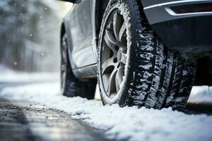 carro pneus dentro inverno em a estrada coberto com neve. generativo ai foto