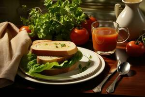 jantar cena. uma sanduíche e uma tomate suco. generativo ai foto