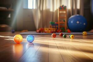 crianças quarto interior com brinquedos em a de madeira chão. sala de jogos com plástico colorida brinquedos. generativo ai foto