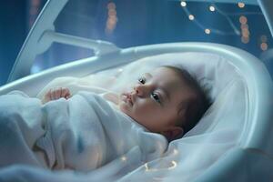 fofa pequeno bebê Garoto sentado dentro hospital cama, fechar-se. ai gerado pró foto