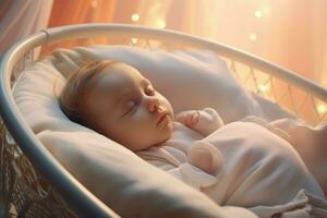fofa pequeno bebê dormindo dentro uma bebê carro assento às lar. ai gerado pró foto