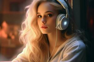lindo jovem mulher com fones de ouvido ouvindo para música. retrato do uma lindo Loiras menina dentro fones de ouvido. ai gerado pró foto