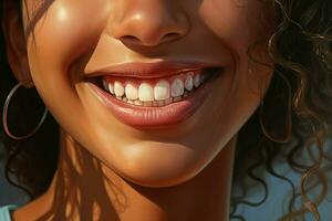 jovem mulher com lindo saudável sorriso, fechar-se. dental Cuidado. ai gerado pró foto