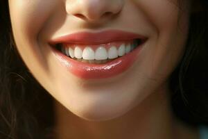 jovem mulher com lindo saudável sorriso, fechar-se. dental Cuidado. ai gerado pró foto