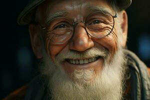 fechar-se retrato do uma feliz Senior homem com branco barba. ai gerado pró foto