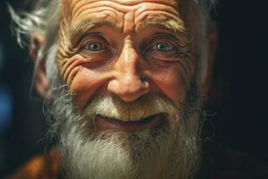 fechar-se retrato do uma feliz Senior homem com branco barba. ai gerado pró foto