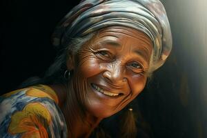 retrato do uma sorridente Senior mulher. foco em a olhos. ai gerado pró foto