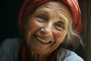 retrato do uma sorridente Senior mulher. foco em a olhos. ai gerado pró foto