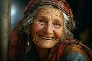 retrato do uma sorridente Senior mulher. foco em a olhos. ai gerado pró foto