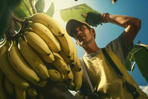 agricultor trabalhando dentro uma banana plantação, colheita do maduro bananas. ai gerado pró foto