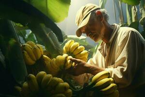 agricultor trabalhando dentro uma banana plantação, colheita do maduro bananas. ai gerado pró foto