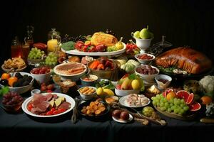 seleção do queijo, carne, frutas e legumes em uma de madeira mesa. ai gerado pró foto