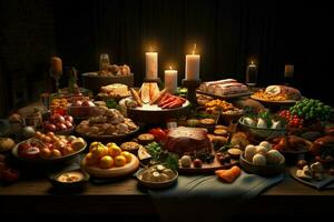 seleção do queijo, carne, frutas e legumes em uma de madeira mesa. ai gerado pró foto