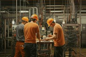 grupo do hábil trabalhadores trabalhando juntos dentro a elétrico instalação. ai gerado pró foto