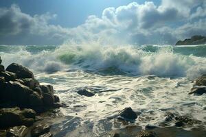 lindo marinha com ondas dentro a mar às pôr do sol. ai gerado pró foto