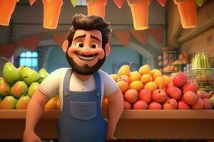 uma desenho animado personagem dentro uma mercearia loja vendendo fruta. ai gerado pró foto