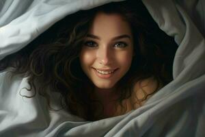 retrato do lindo jovem mulher deitado dentro cama debaixo branco cobertor. ai gerado pró foto