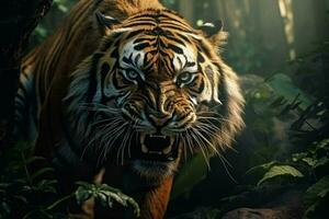 fechar acima do uma tigre dentro a selva, Panthera tigris altaica. ai gerado pró foto