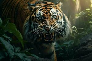 fechar acima do uma tigre dentro a selva, Panthera tigris altaica. ai gerado pró foto