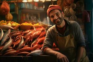 retrato do uma sorridente meia idade homem vendendo fresco peixe dentro uma peixe fazer compras. ai gerado foto