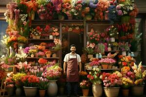 retrato do uma sorridente masculino florista em pé dentro flor fazer compras. ai gerado pró foto