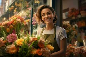 retrato do uma sorridente famale florista em pé dentro flor fazer compras. ai gerado pró foto