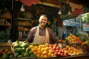 retrato do uma sorridente homem vendendo frutas dentro uma fruta fazer compras. ai gerado pró foto