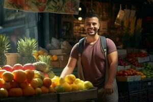 retrato do uma sorridente homem vendendo frutas dentro uma fruta fazer compras. ai gerado pró foto