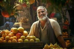 retrato do uma sorridente homem vendendo frutas dentro uma fruta fazer compras. ai gerado pró foto