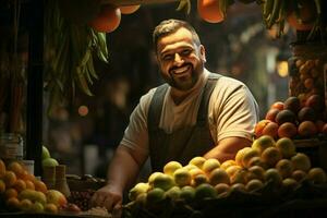 retrato do uma sorridente homem vendendo frutas dentro uma fruta fazer compras. ai gerado pró foto